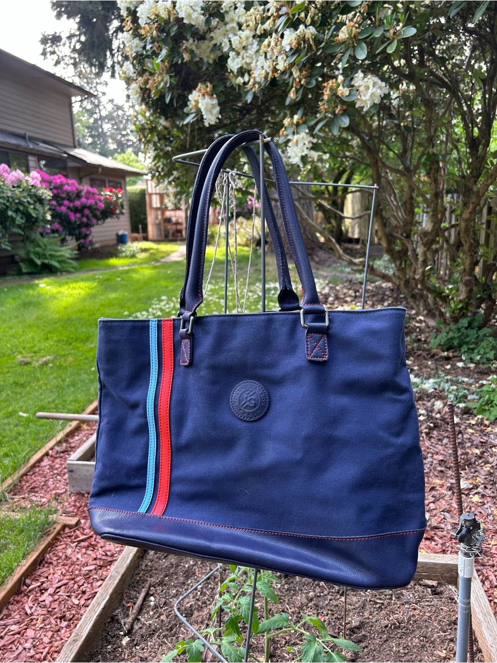 Roland Garros Navy Canvas Tote with Red and Teal Stripe. Ted top stitch